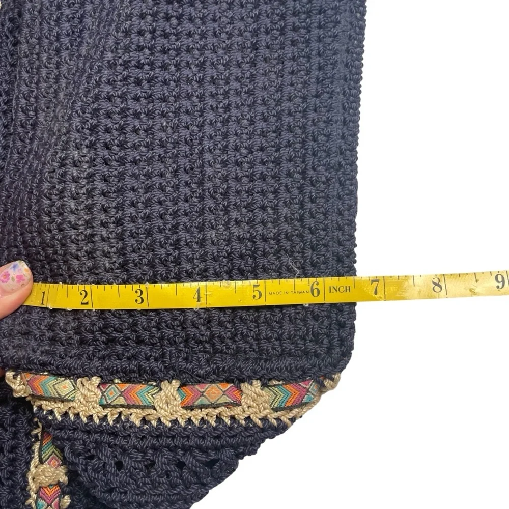 The Sak Cambria Crocheted Large Double Strap Zip‎ Top Tote Navy Woven Ribbon EUC